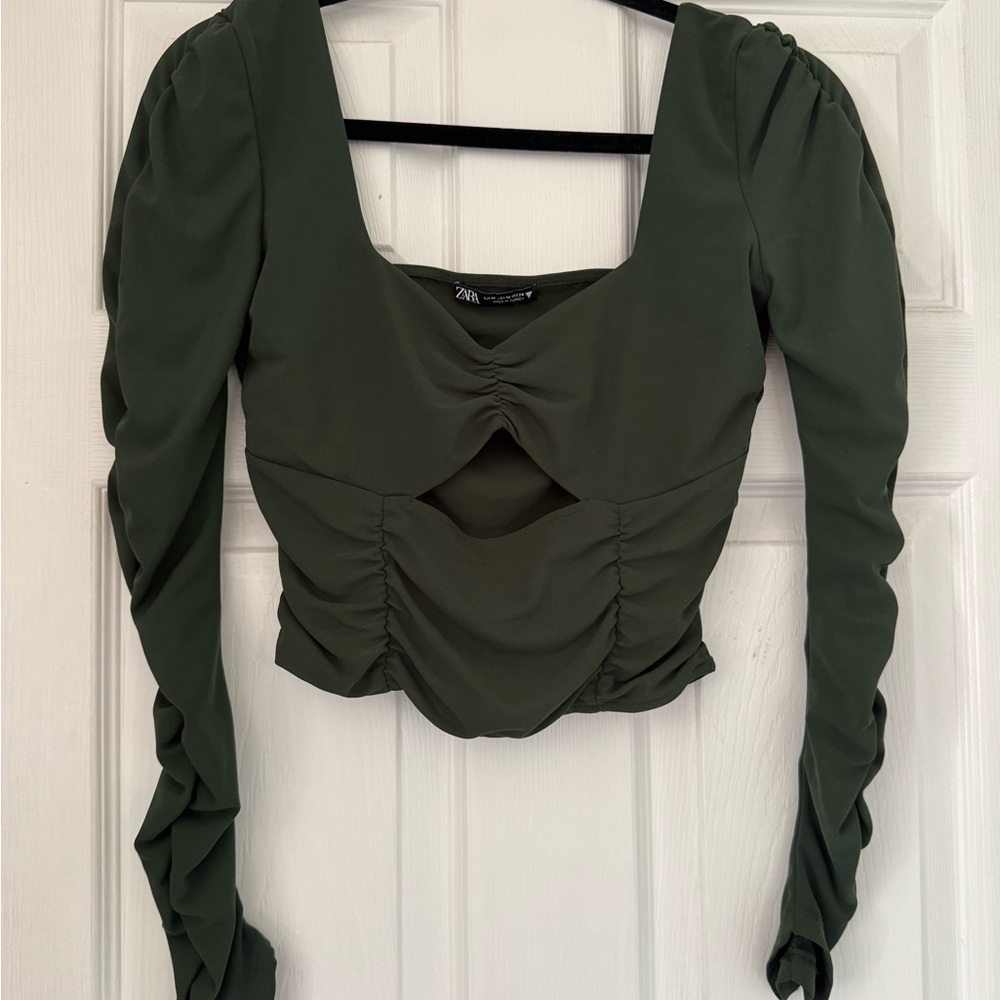 Zara Dark Green Ruched cut out cropped Blouse